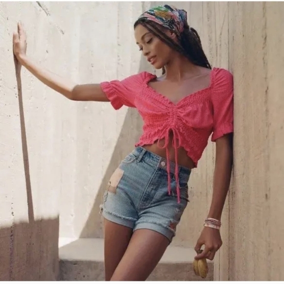 Anthropologie Pilcro Crop Top Peasant Puff Sleeves Pink - Size Large - Picture 1 of 13